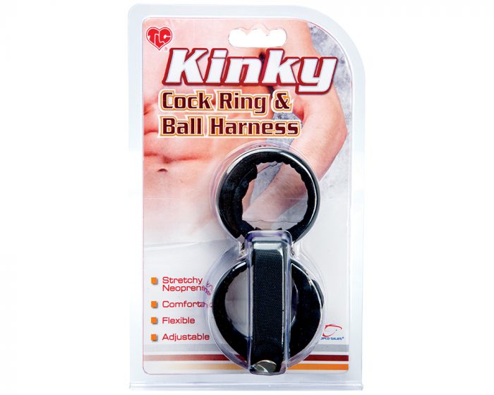 TLC-Kinky-Cock-Ring-Ball-Harness-Neoprene-F1-Anillo para pene con arnes testicular. Anillo para pene con arnes testicular TLC empaque.