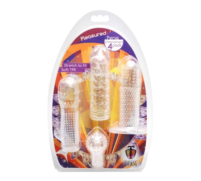 Empaque pack de 4 fundas para pene texturizadas Trinity Vibes Empaque pack de 4 fundas para pene texturizadas Trinity Vibes