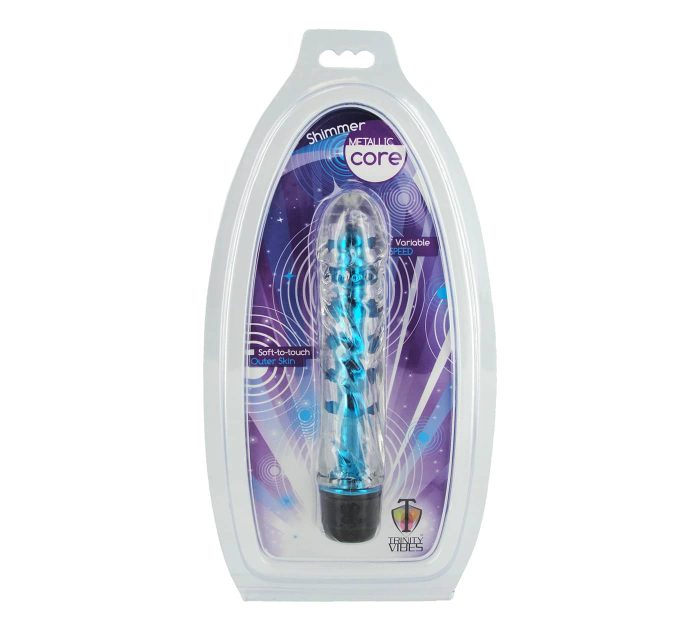 Empaque dildo vibrador Jelly suave Trinity Vibes Shimmer Core Azul