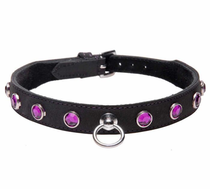 STRICTLEATHER-AD938-LeatherRhinestonesCollarAmethyst-F1